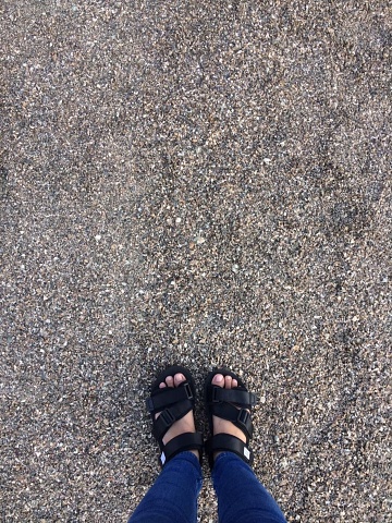 Feet standing on a pile of shell fragments on the sandy beach.