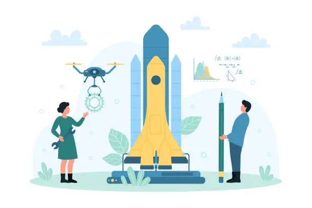 Vector illustration of Rocket launch into space, people use drone assistance, computing for aerospace project