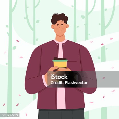 istock Man drinking coffee in spring park, male character among trees and flying cherry petals 1611727239