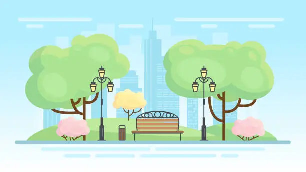 Vector illustration of City park landscape in spring, sunny cityscape scene with downtown public garden