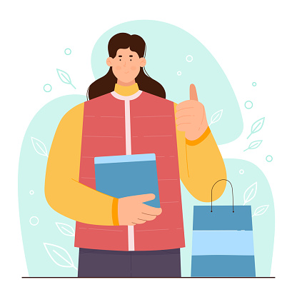 Spring sales offer vector illustration. Cartoon young woman shopper holding shopping bag and paper gift package to buy on discount sales in retail stores, shopaholic character showing thumbs up