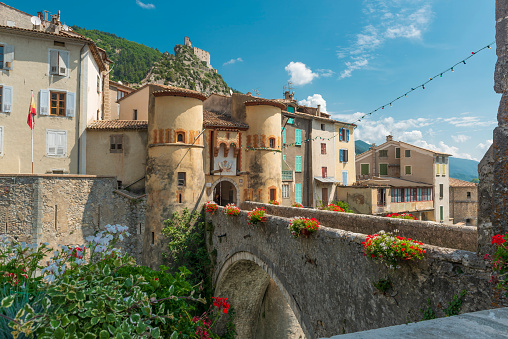 Entrevaux. Old medieval town with stone arch bridge and citadelle in Provence, France