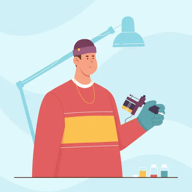 Vector illustration of Tattoo master with machine in hand, man holding ink gun for making art drawing on skin