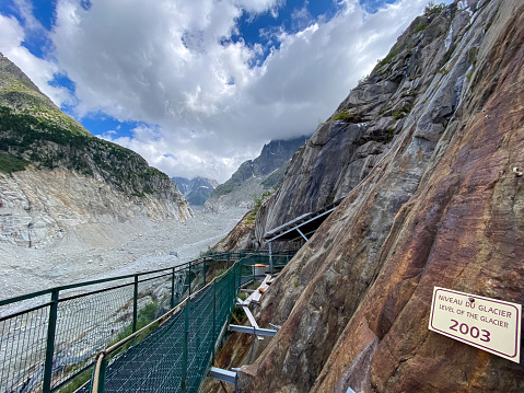 Mer de glace glacier in France with sign showing the ice level in 2003 indicating how far the ice has melted in 20 years due to global warming