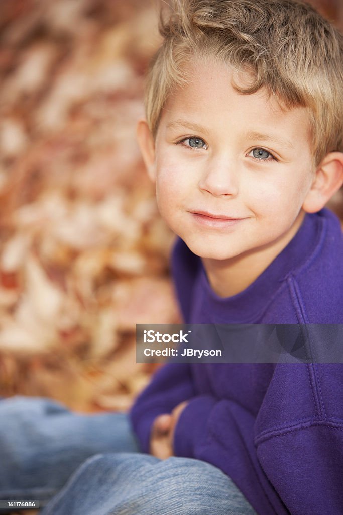 Persone vere: Sorridente ragazzino caucasico testa spalle foglie d'autunno - Foto stock royalty-free di 4-5 anni