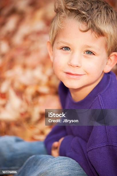 Prawdziwy Ludzie Uśmiech Kaukaski Mały Chłopiec Jesień Liście Głowa Ramiona - zdjęcia stockowe i więcej obrazów 4 - 5 lat