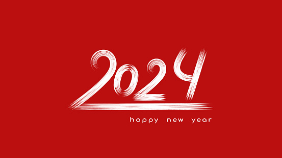 Happy new year 2024 numbers written with a white brush on a red background. Design template. Festive typographic poster, banner or greeting card Merry Christmas and Happy New Year. Vector illustration.