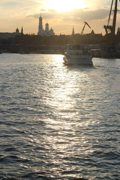 Moscow, Russia - August 8, 2016: Moskva River in Moscow city during sunset
