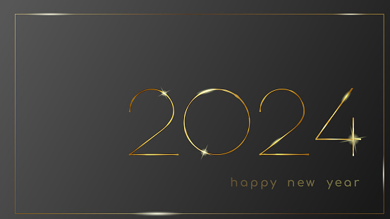Luxurious 2024 Happy New Year elegant design bounded by an elegant golden frame. Vector illustration of 2024 gold glittering numbers logo on a black background - perfect typography for 2024. Vector illustration
