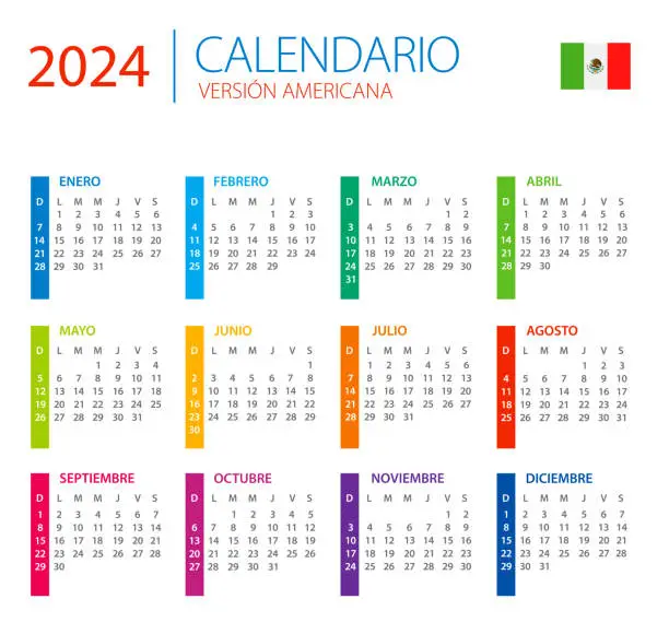 Vector illustration of Calendar 2024 Mexico Latin America - color vector illustration. Spanish Language Version