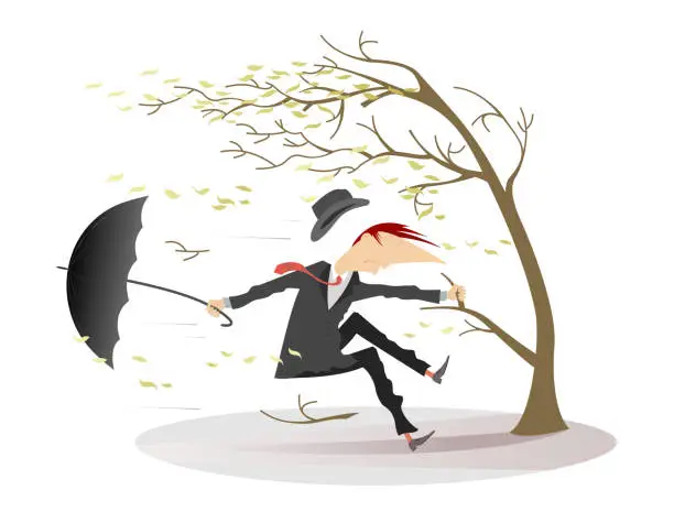 Vector illustration of Bad weather, a hurricane, a frightened man man grabbing a tree branch