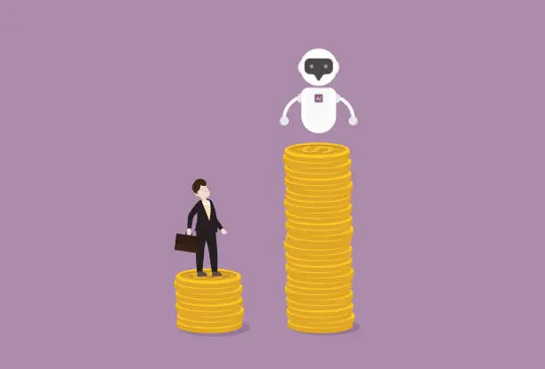 Vector illustration of AI and a human employee standing on a stack of coins, AI employees receive a higher wage than human employees for Artificial Intelligence at the workplace