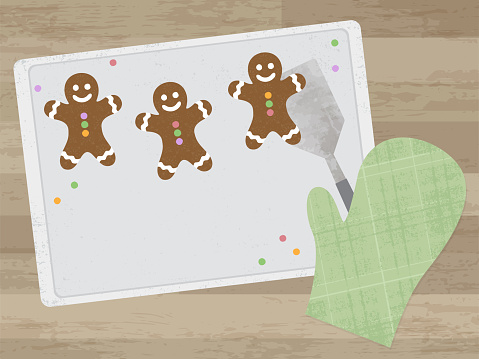 A baking sheet and gingerbread cookies, in a cut paper style with textures