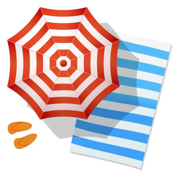 Vector illustration of Beach umbrella and towel top view. Summer travel