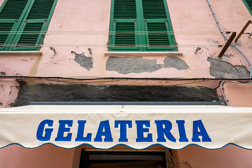 Gelateria (ice cream) sign at an old building.