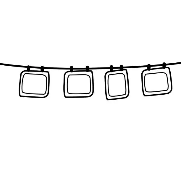 Vector illustration of Photo frames hanging on rope attached with clothes pins or clothespin. cartoon