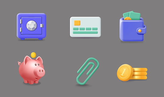3d bank icon set. Business payment symbols. Piggy bank, bank card, wallet with money, safe, paper clip. Vector