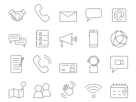 Contact Icons Set. Contact Us, Message, Phone, E-mail. Editable Stroke. Simple Icons Vector Collection