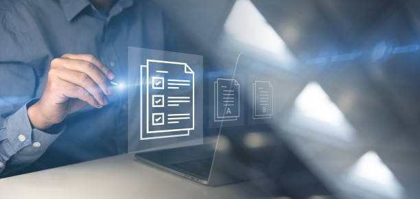 istock Businessman using pen tick or check mark concept, verification account, paperless workplace, online document management, electronic document, cyber security, contract, satisfaction, virtual screen. 1611858134