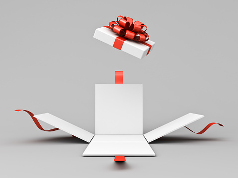 Open white present box or opened gift box with red ribbons and bow isolated on white grey background with shadow minimal creative idea conceptual 3D rendering