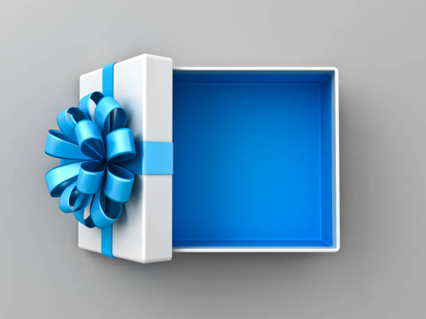 istock Blank open white gift box with blue bottom inside or top view of opened blue present box with blue ribbon and bow isolated on gray background with shadow minimal concept 3D rendering 1611865360