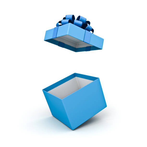 istock Blue gift box or open present box with blue ribbon and bow isolated on white background with shadow minimal concept 3D rendering 1611865876