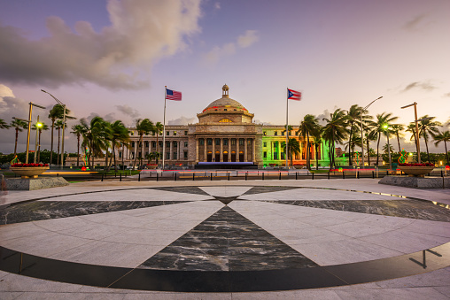 San Juan, Puerto Rico capitol building at dusk.