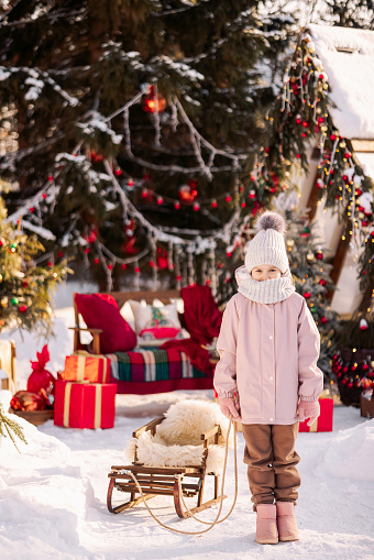 A child girl in winter clothes stands with a sleigh against the background of a decorated Christmas tree with a bunch of New Year's gifts in red boxes. Merry Christmas and Happy New Year concept