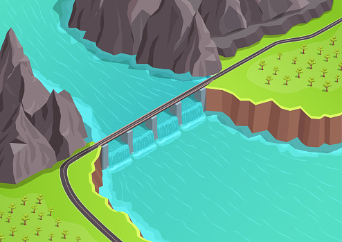 Isometric river with dam. Hydroelectric power station and green energy