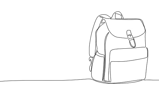 Backpack one line continuous. Line art concept schoolbag banner. Outline vector illustration.