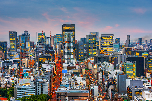 Osaka, Japan cityscape at twilight.