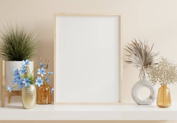 istock Poster mockup with vertical wooden frame in home interior background. 1611944034