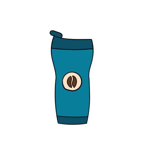 Vector illustration of Hand-drawn cartoon blue thermo mug for coffee drinks on a white background.