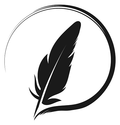 Quill pen round logo. Black feather symbol isolated on white background