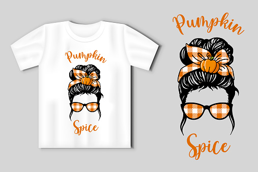 Pumpkin Spice. Fall Messy bun with pumpkin ,, Girl with messy bun and glasses, Buffalo plaid bandana, Halloween concept with t-shirt mockup