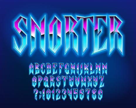 Snorter alphabet font. Angular letters and numbers in heavy metal style. Typescript for your typography design.
