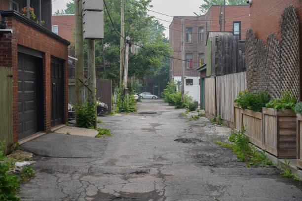 Alleyway in Montreal with garage doors, red brick buildings and planter boxes. Taken in early summer.