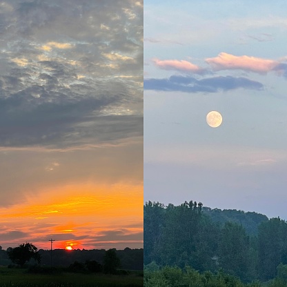 The sunsetting and moon rising