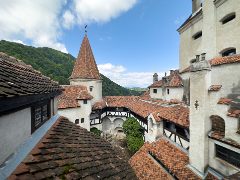 Bran Castle, Bran, in Transylvania, Romania,14 July 2023, Place of Dracula in Transylvania, The courtyard of the castle, romanian famous destination in Eastern Europe