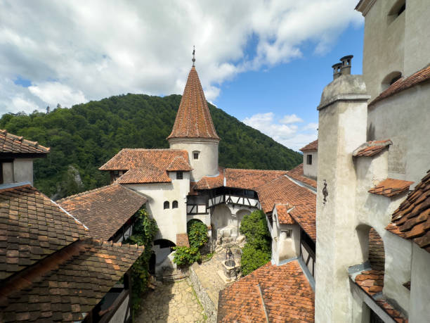 Bran, Brasov, Romania - September 06, 2023: Photo with a view of the castle, located on a mountain surrounded by trees