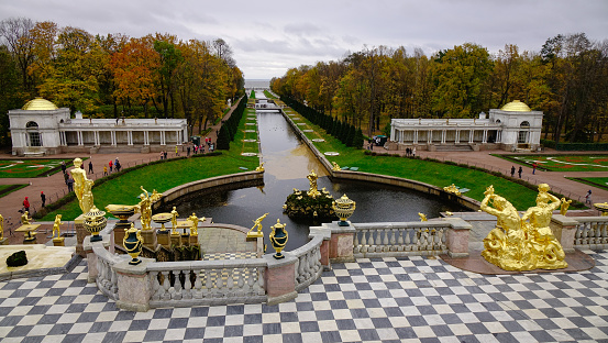 St. Petersburg, Russia - Oct 9, 2016. Grand Peterhof Palace and the Grand Cascade in St. Petersburg, Russia. The palace along with the city center is recognized as a UNESCO Site.