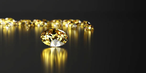 istock Round yellow diamond topaz Gem reflected placed on dark reflection background 3d rendering soft focus 1611995581