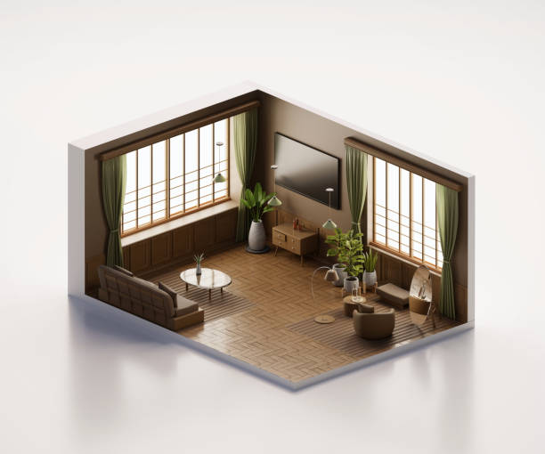 istock Isometric view living room scandinavian style open inside interior architecture 3d rendering digital art 1611996213