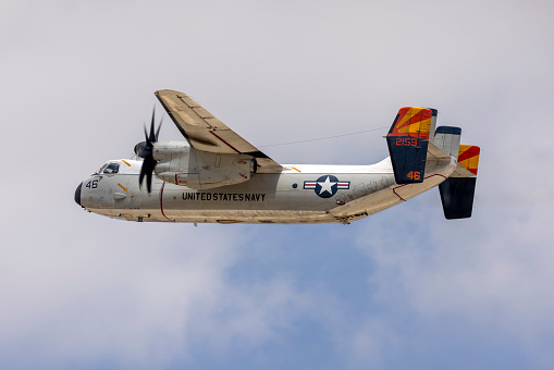Luqa, Malta - August 11, 2023: United States Navy Grumman C-2A Greyhound (G-123) (REG: 162159) landed from Sigonella, Sicily and departed to USS Ford.