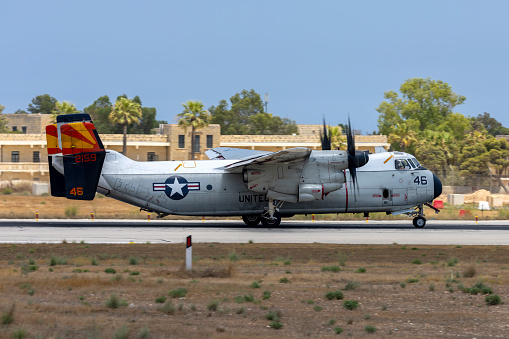 Luqa, Malta - August 11, 2023: United States Navy Grumman C-2A Greyhound (G-123) (REG: 162159) landed from Sigonella, Sicily and departed to USS Ford.