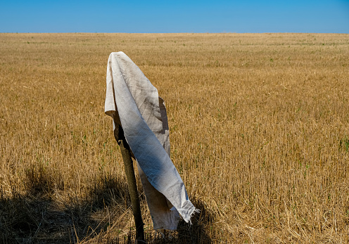 Natural hemp fabric or towel. Stubble field background. Sustainable lifestyle. Copy space.