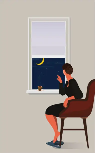 Vector illustration of A woman in a long black dress sitting by the window and looking at the night of a crescent moon outside the window