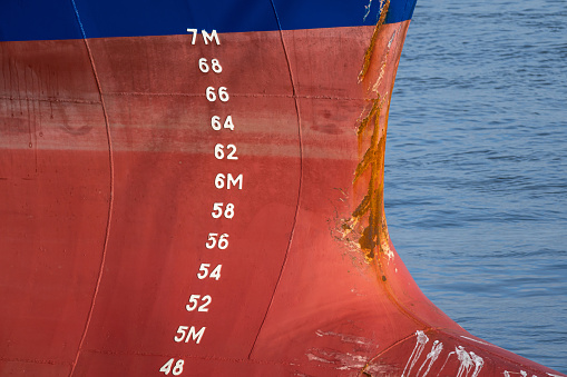 metric draft marks on the bow of an oceangoing freighter