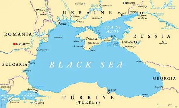 Vector illustration of Black Sea region, with Crimea, Sea of Azov, and Sea of Marmara, political map