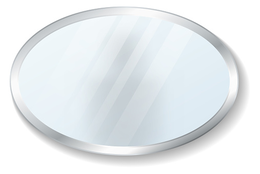 Wall mirror mockup. Realistic oval reflective surface isolated on white background